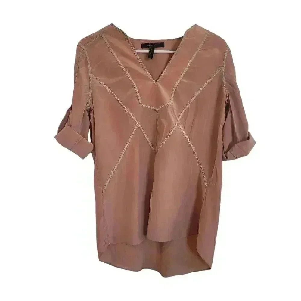 BCBGMAXAZRIA Women's Cantaloupe Silk Roll Tab Sleeves Top